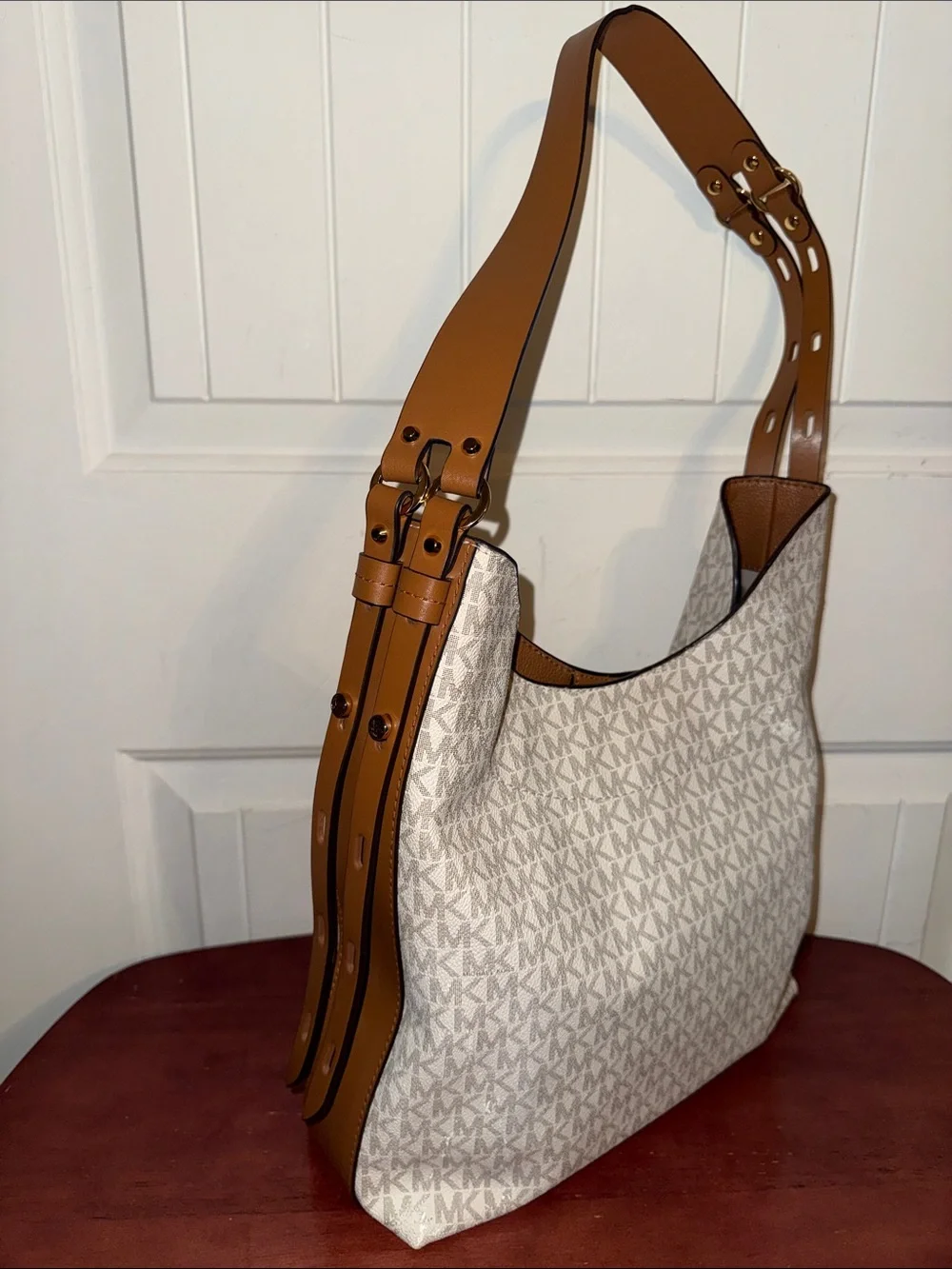 Michael Kors Signature MK Logo Canvas Shoulder Bag in Beige and Tan